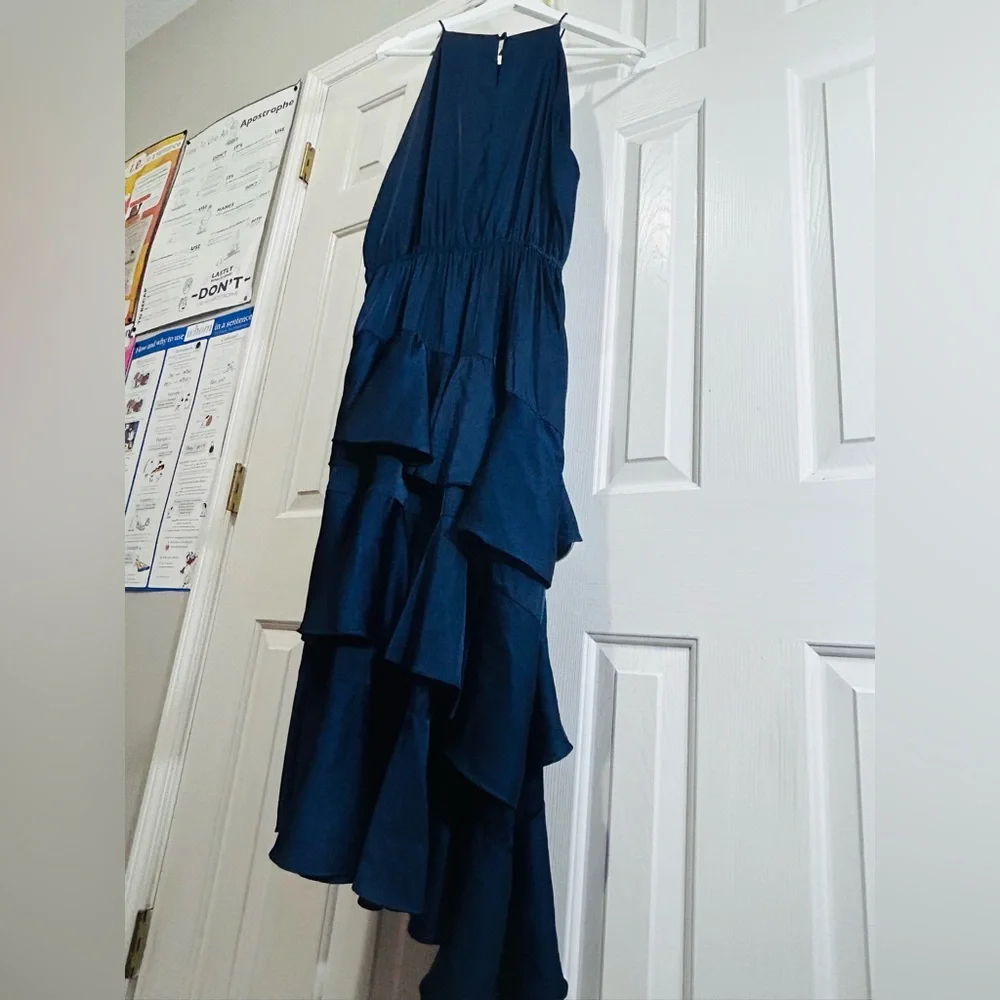 Petal & Pup Seychelles Navy Tiered Ruffle Maxi Dress Halter Satin Evening Dress - Picture 9 of 9